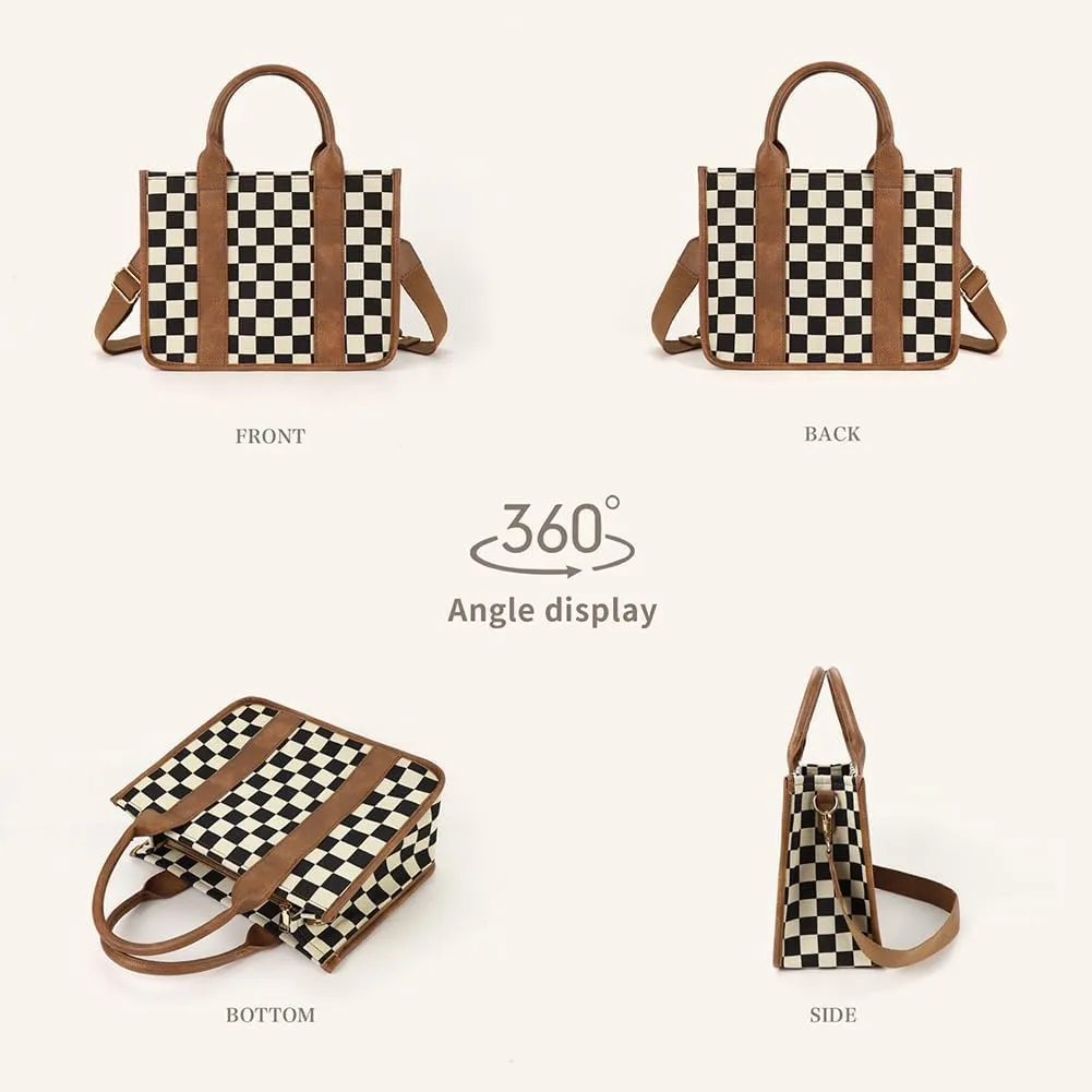 Checkered Tote Bag for Women - Plaid Handbag Checkerboard Crossbody Shoulder Bag Trendy Checkered Work Tote Purse