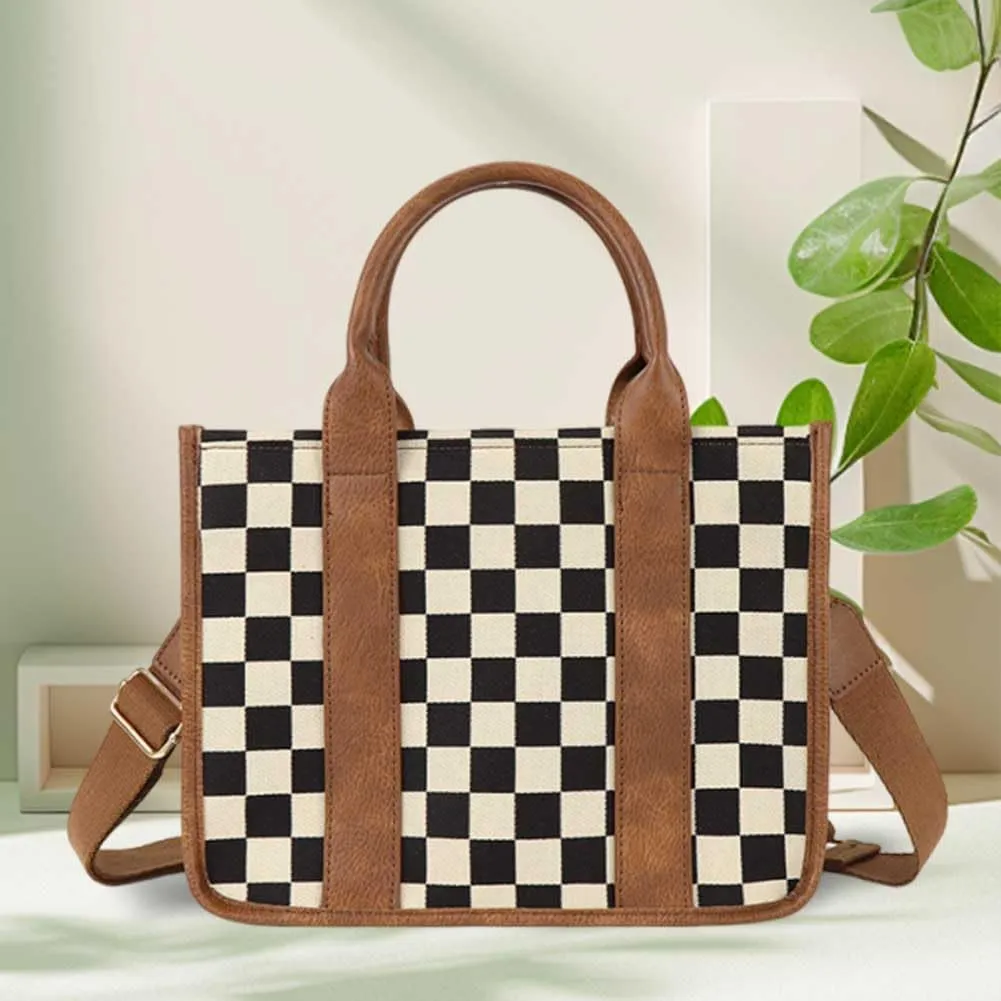 Checkered Tote Bag for Women - Plaid Handbag Checkerboard Crossbody Shoulder Bag Trendy Checkered Work Tote Purse