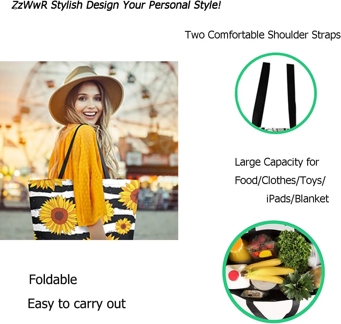 Chic Lifelike Pattern Extra Large Shoulder Tote Bag for Beach Travel Weekender Gym Grocery Shopping