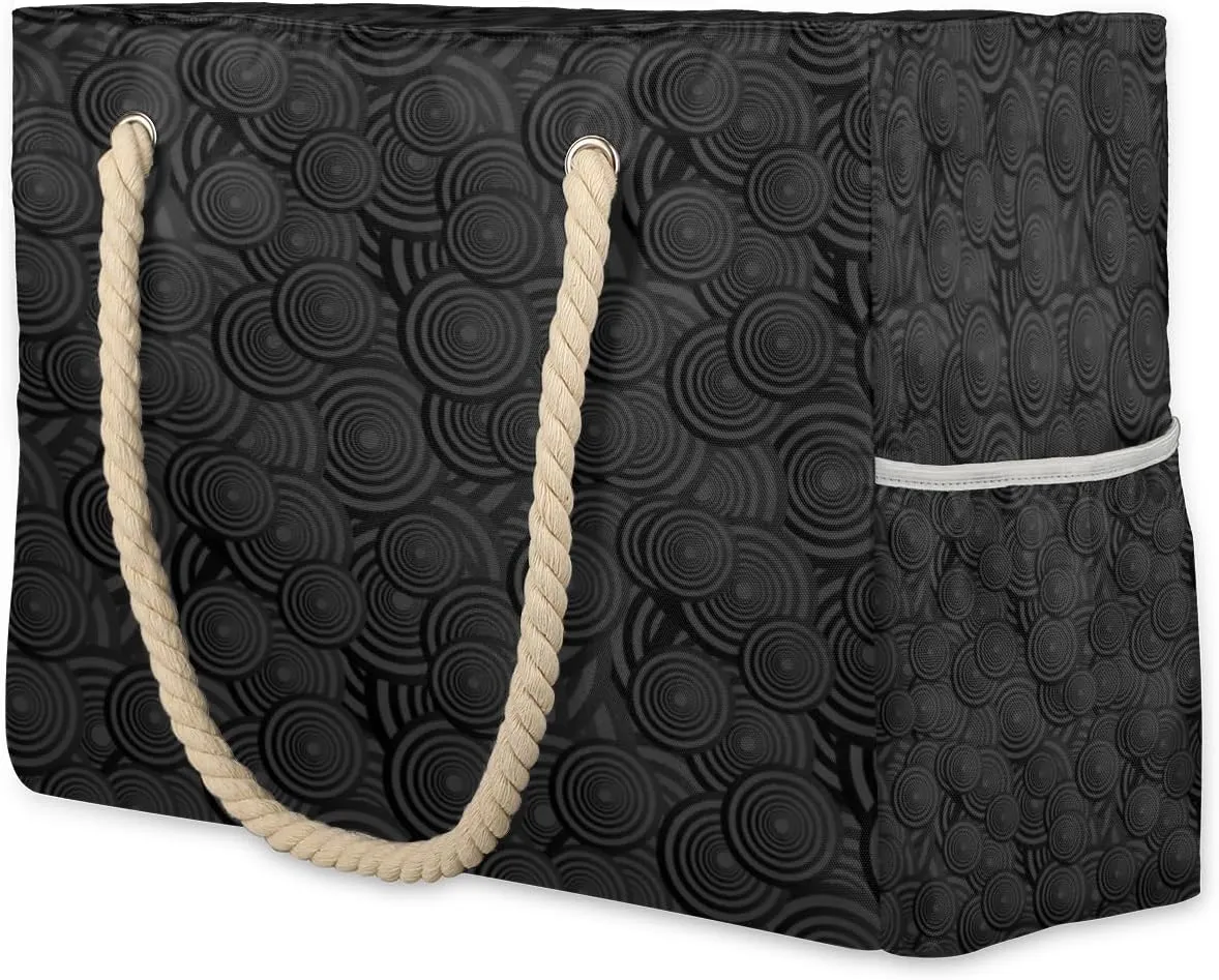 Circle Concentric Beach Bags for Women Extra Large Beach Tote Bags Waterproof Sandproof Black Beach Bag for Pool Travel Picnic Camping Daily