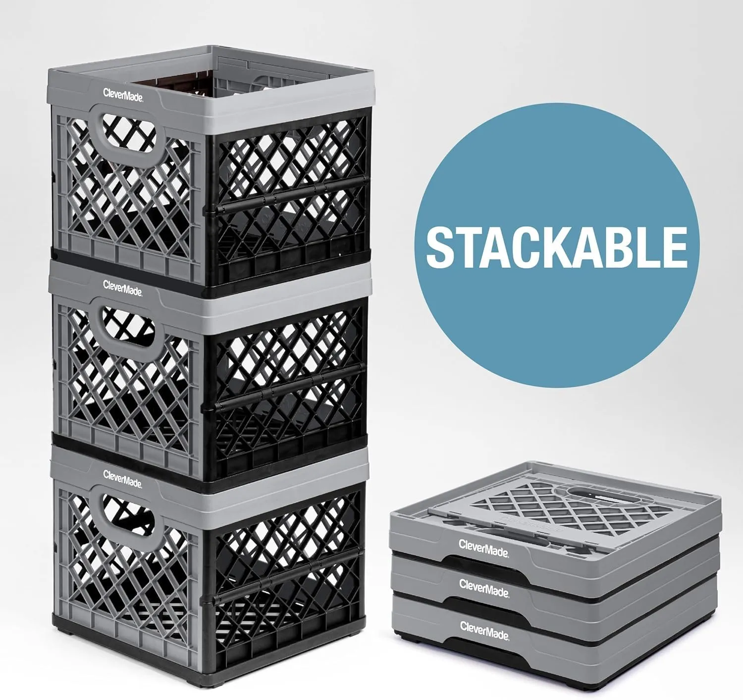 CleverMade Collapsible Milk Crate, Obsidian, 3PK - 25L (6 Gal) Stackable Storage Bins, Holds 50lbs Per Bin - Clevercrates are Heavy Duty, Plastic Collapsible Storage Crate for Multi Purposes
