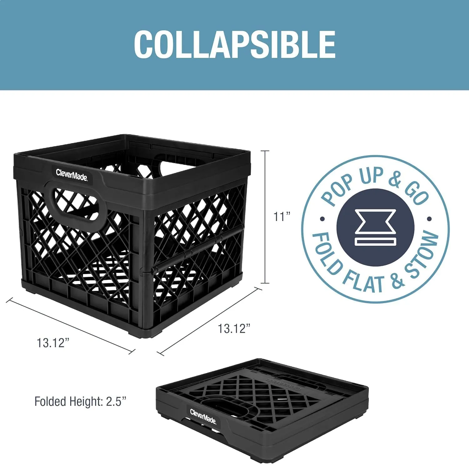 CleverMade Collapsible Milk Crate, Obsidian, 3PK - 25L (6 Gal) Stackable Storage Bins, Holds 50lbs Per Bin - Clevercrates are Heavy Duty, Plastic Collapsible Storage Crate for Multi Purposes