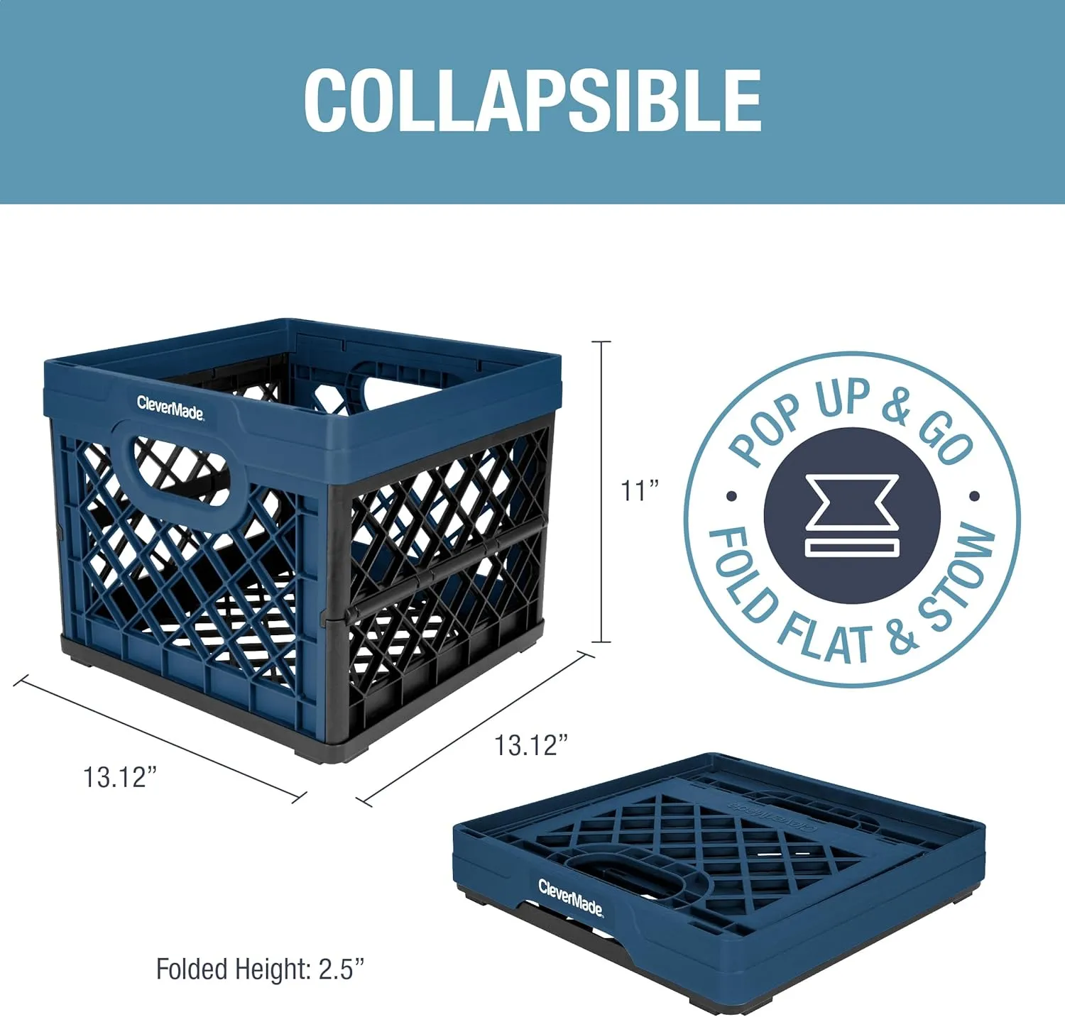 CleverMade Collapsible Milk Crate, Ocean, 3PK - 25L (6 Gal) Stackable Storage Bins, Holds 50lbs Per Bin - Clevercrates are Heavy Duty, Plastic Collapsible Storage Crate for Multi Purposes