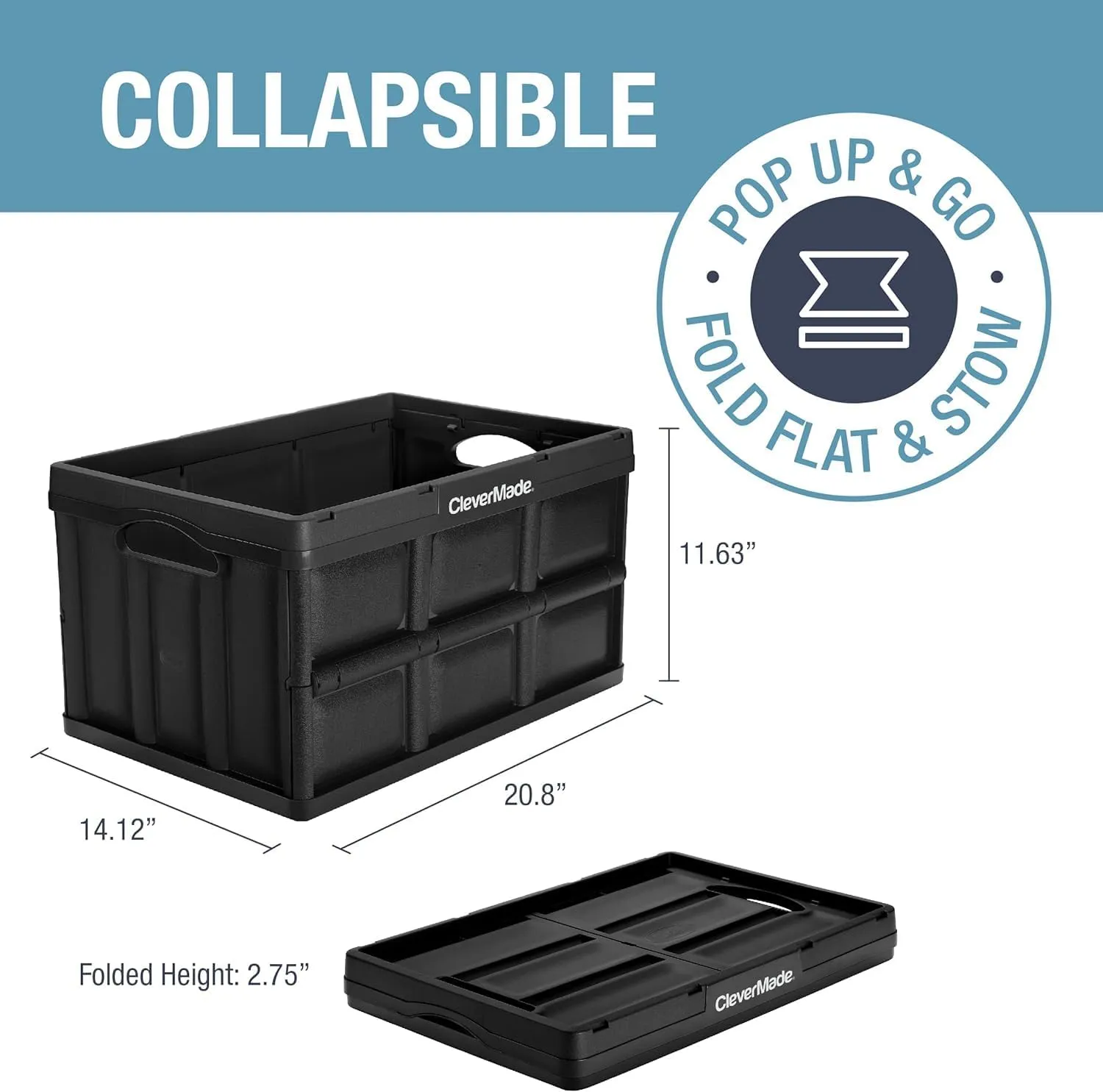 CleverMade Collapsible Storage Bins - Obsidian 3 Pack 46L - Stackable Containers Heavy Duty Capacity Folding Crates - Space-Saving for Home