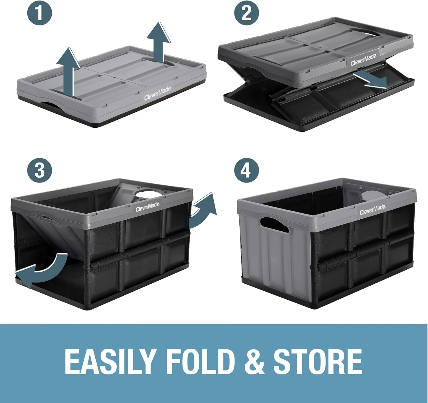 CleverMade Collapsible Storage Bins - Obsidian 3 Pack 46L - Stackable Containers Heavy Duty Capacity Folding Crates - Space-Saving for Home
