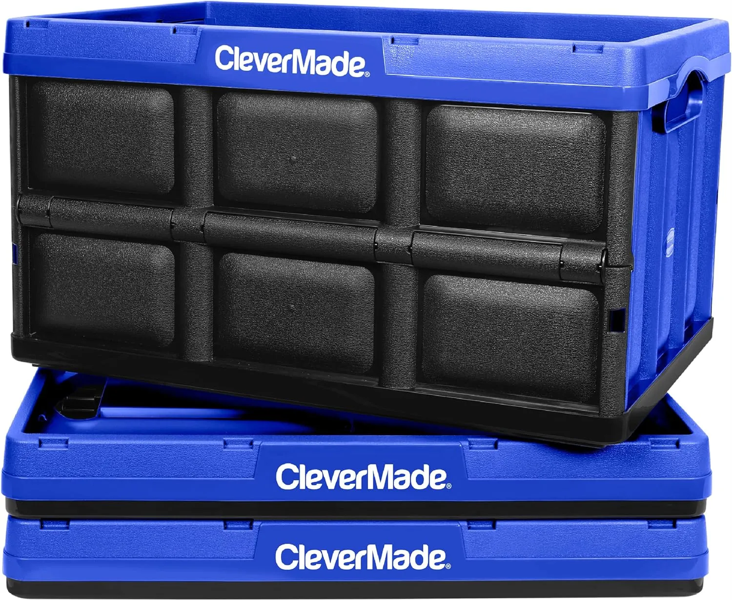 CleverMade Collapsible Storage Bins - Royal Blue 3 Pack 62L - Stackable Containers Heavy Duty Capacity Folding Crates - Space-Saving for Home