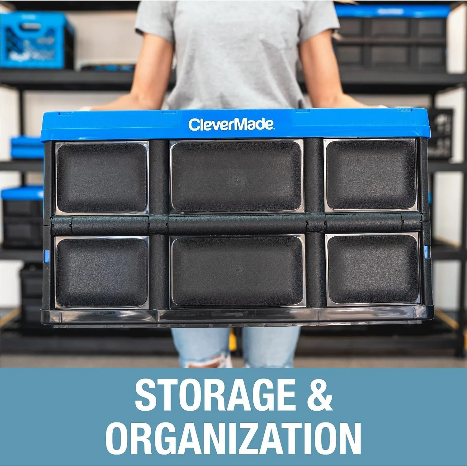 CleverMade Collapsible Storage Bins - Stone 3 Pack 46L - Stackable Containers Heavy Duty Capacity Folding Crates - Space-Saving for Home