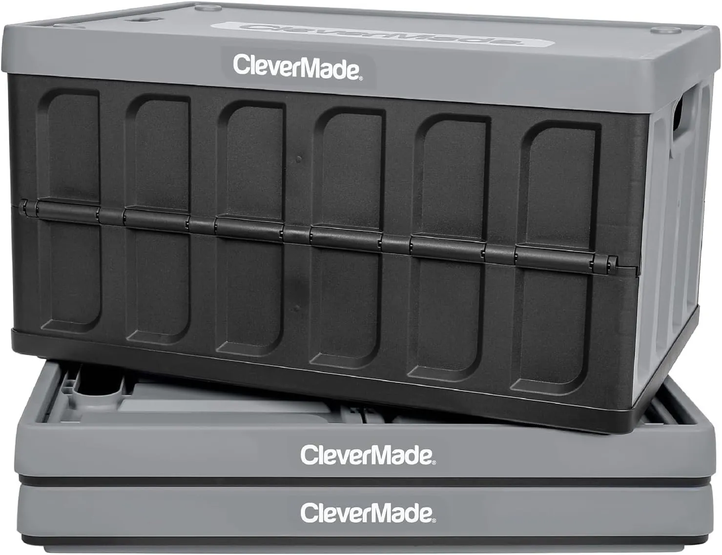 CleverMade Collapsible Storage Bins with Lids - Stone 3 Pack 46L - Plastic Containers Stackable Organization Crates Home Closet Space-Saving Durable