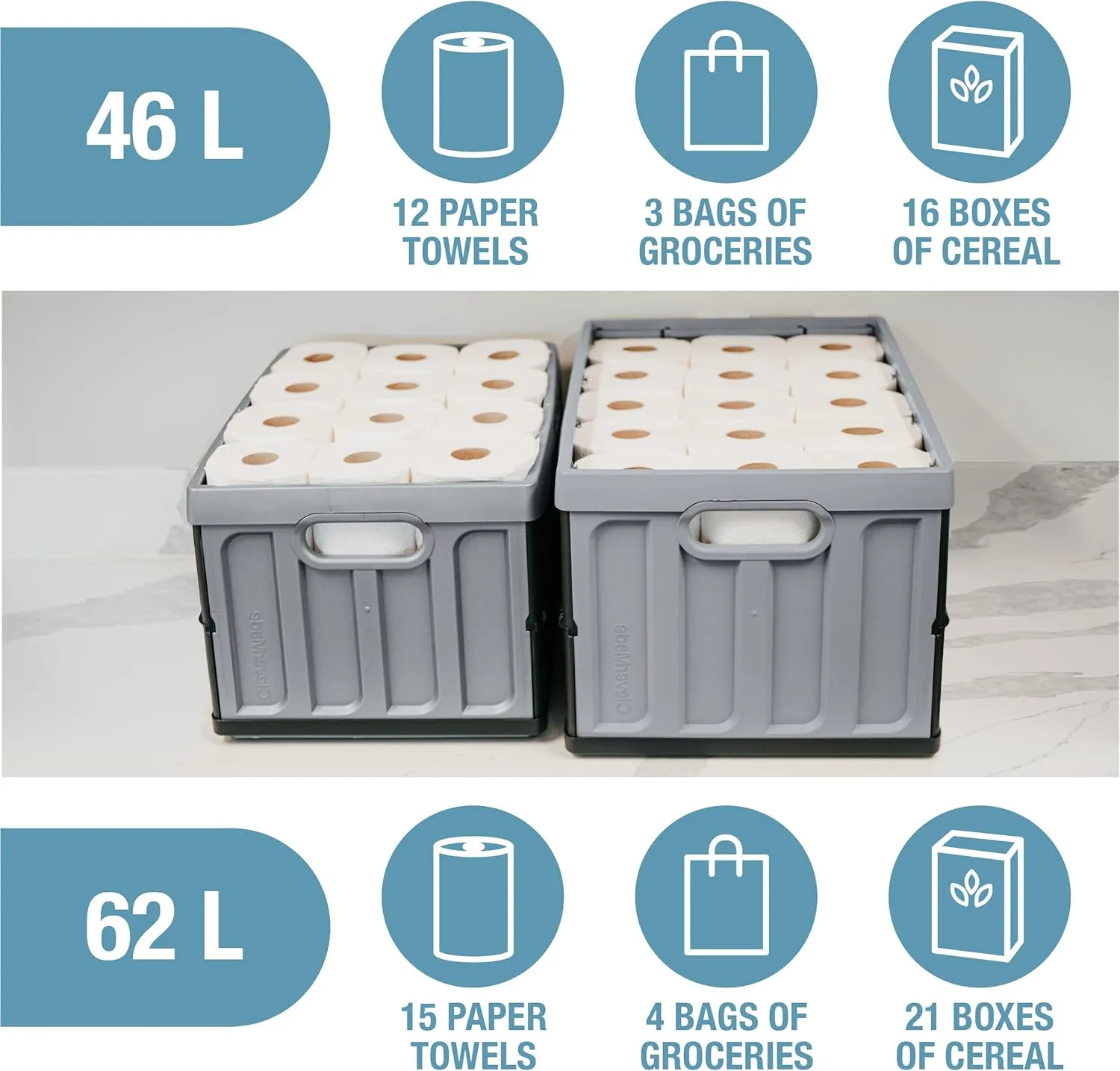 CleverMade Collapsible Storage Bins with Lids - Stone 3 Pack 46L - Plastic Containers Stackable Organization Crates Home Closet Space-Saving Durable