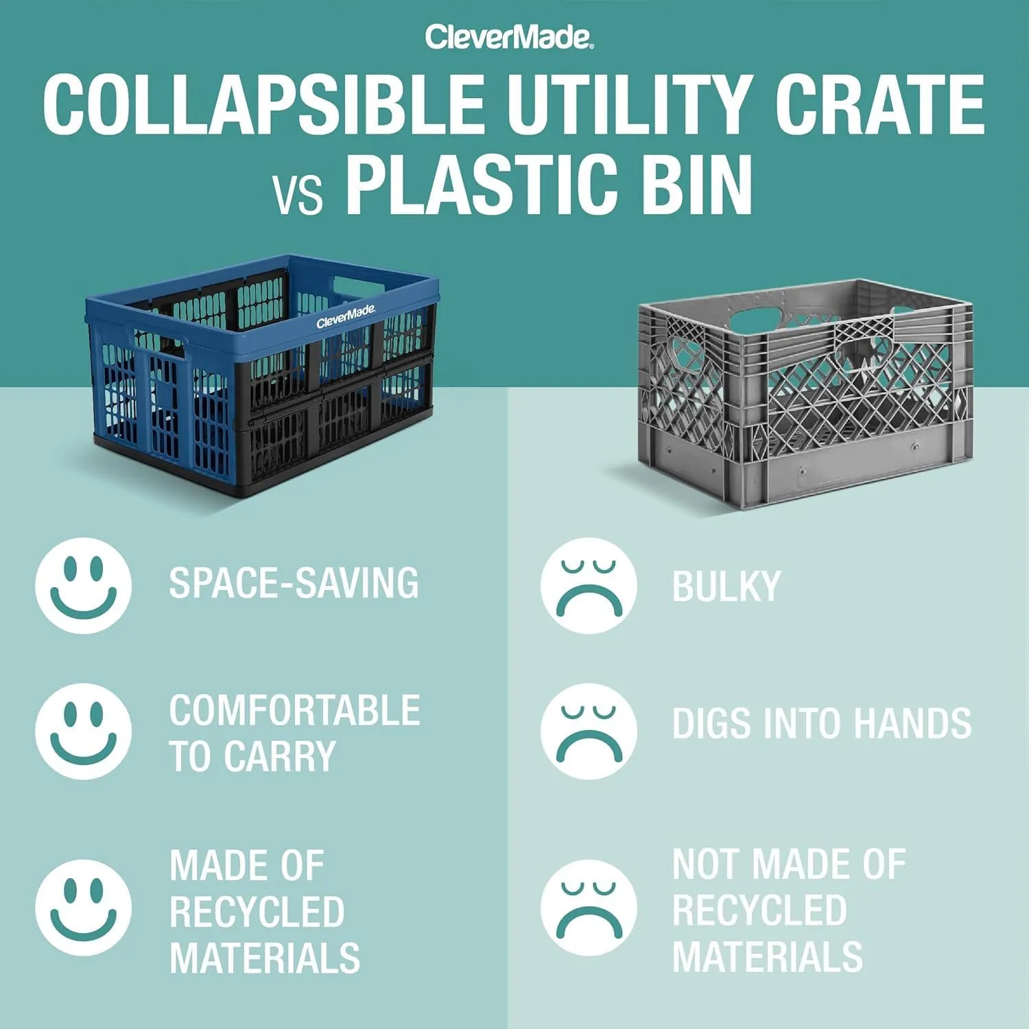 CleverMade Collapsible Utility Crates-Obsidian 3pck 45L / 11 Gal holds 66 lbs - Stackable Containers Heavy Duty Capacity Crates Space-Saving Baskets