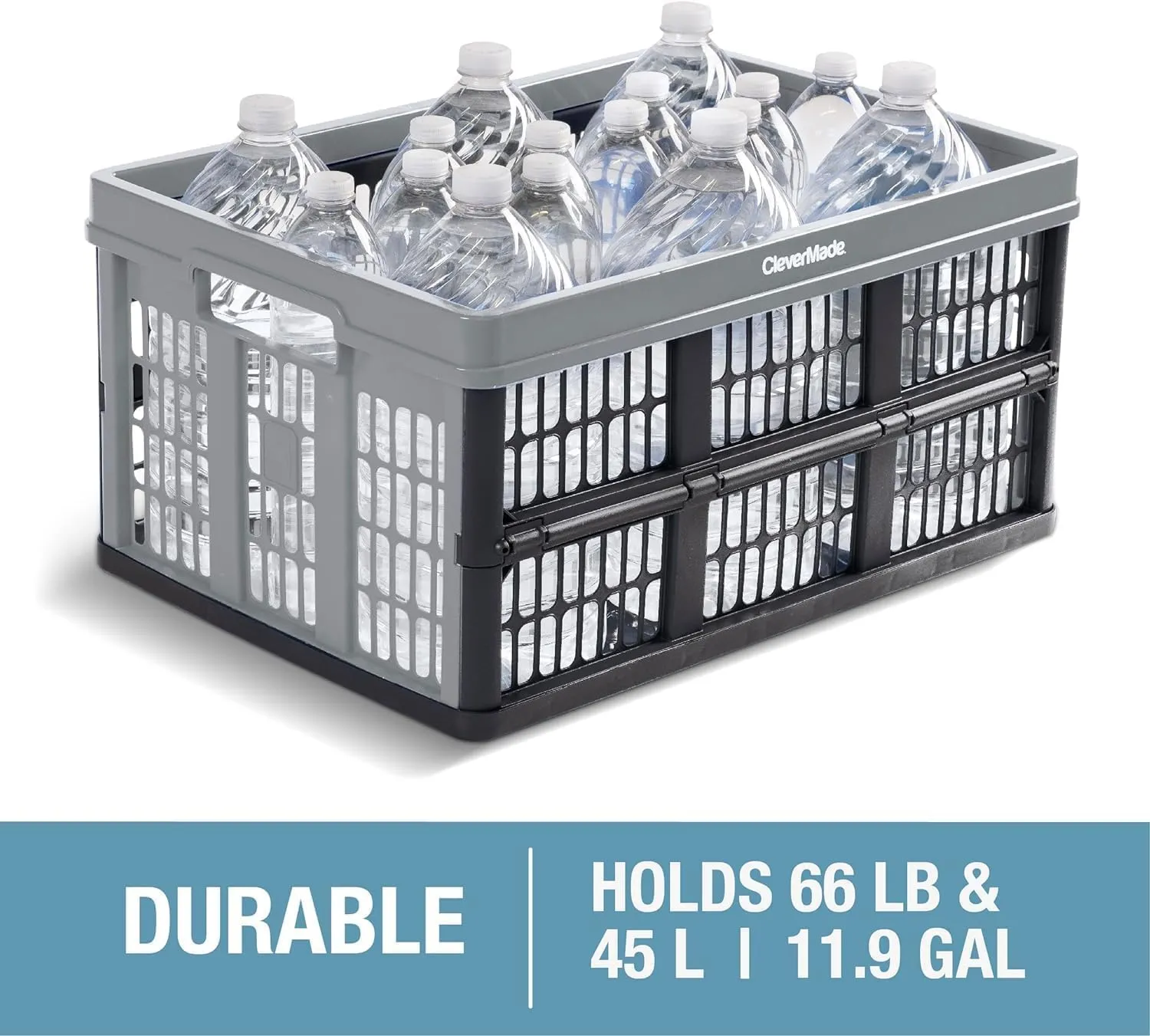 CleverMade Collapsible Utility Crates-Obsidian 3pck 45L / 11 Gal holds 66 lbs - Stackable Containers Heavy Duty Capacity Crates Space-Saving Baskets