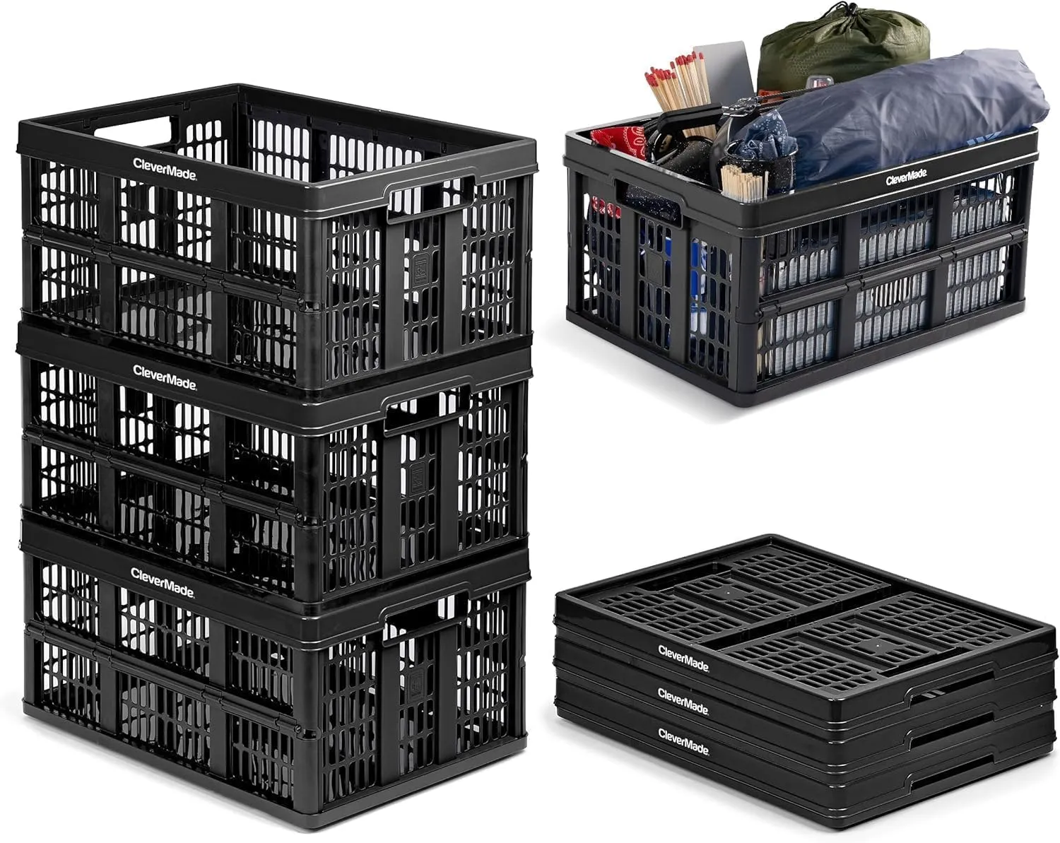 CleverMade Collapsible Utility Crates-Obsidian 3pck 45L / 11 Gal holds 66 lbs - Stackable Containers Heavy Duty Capacity Crates Space-Saving Baskets