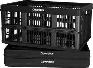 CleverMade Collapsible Utility Crates-Obsidian 3pck 45L / 11 Gal holds 66 lbs - Stackable Containers Heavy Duty Capacity Crates Space-Saving Baskets