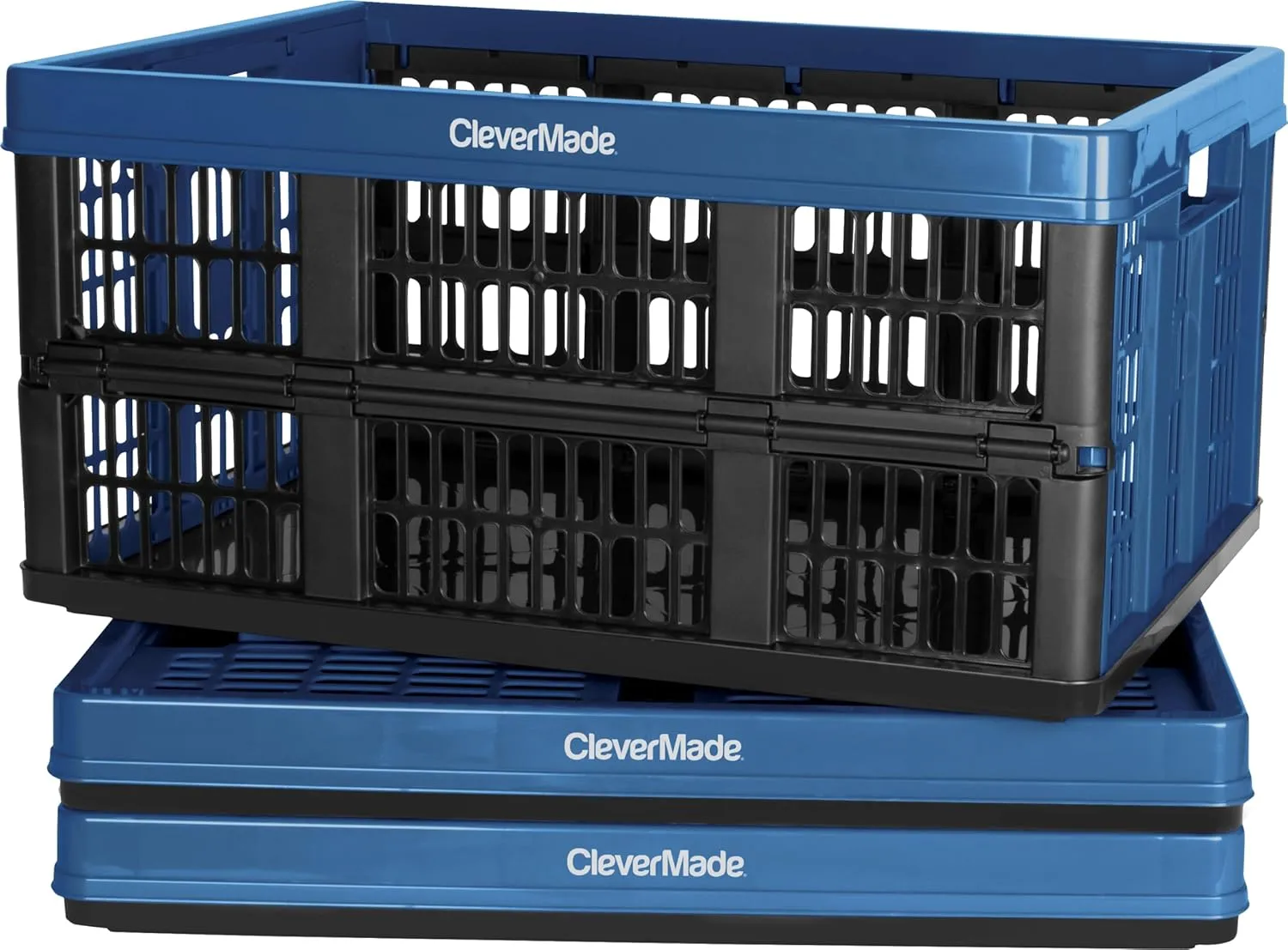 CleverMade Collapsible Utility Crates - Ocean 3 Pack 45L / 11 Gal holds 66 lbs - Stackable Containers Heavy Duty Capacity Crates Space-Saving Baskets