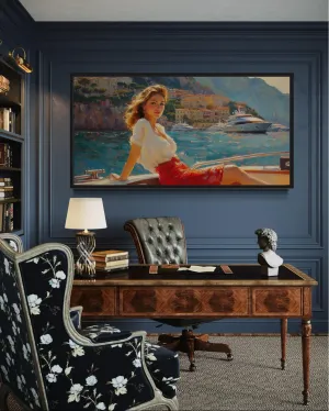 Coastal Monaco Boat And Woman Canvas Wall Art