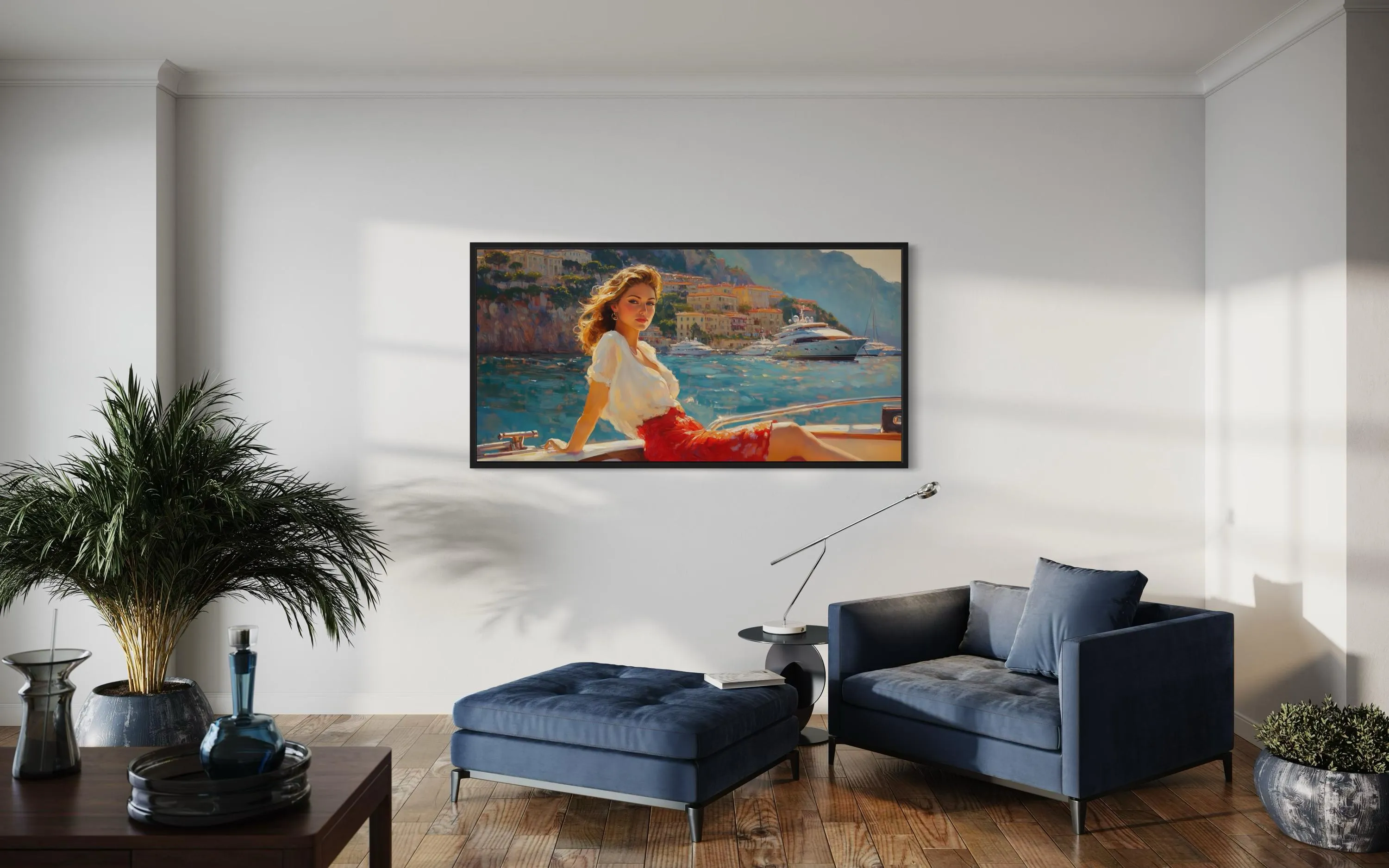Coastal Monaco Boat And Woman Canvas Wall Art