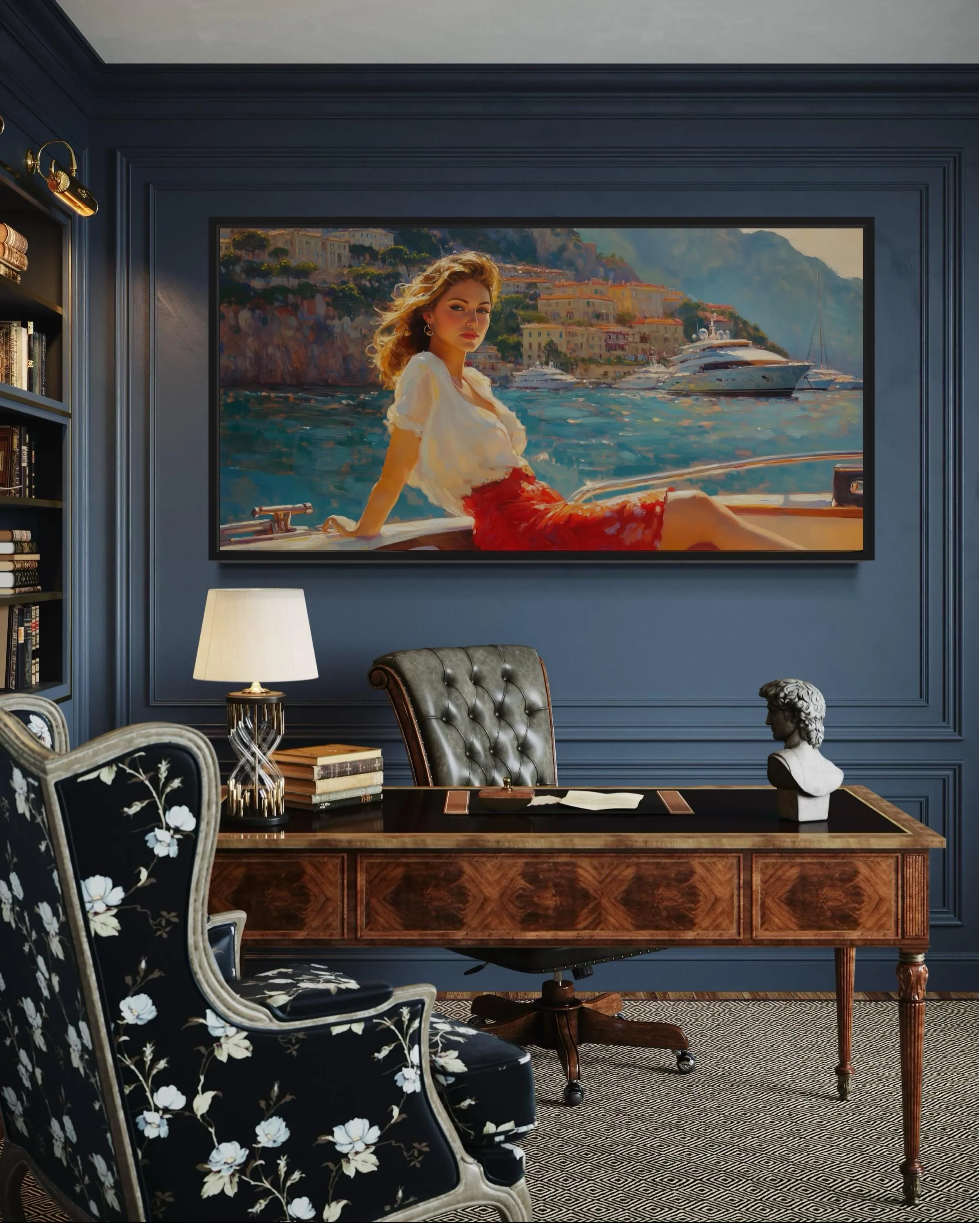 Coastal Monaco Boat And Woman Canvas Wall Art