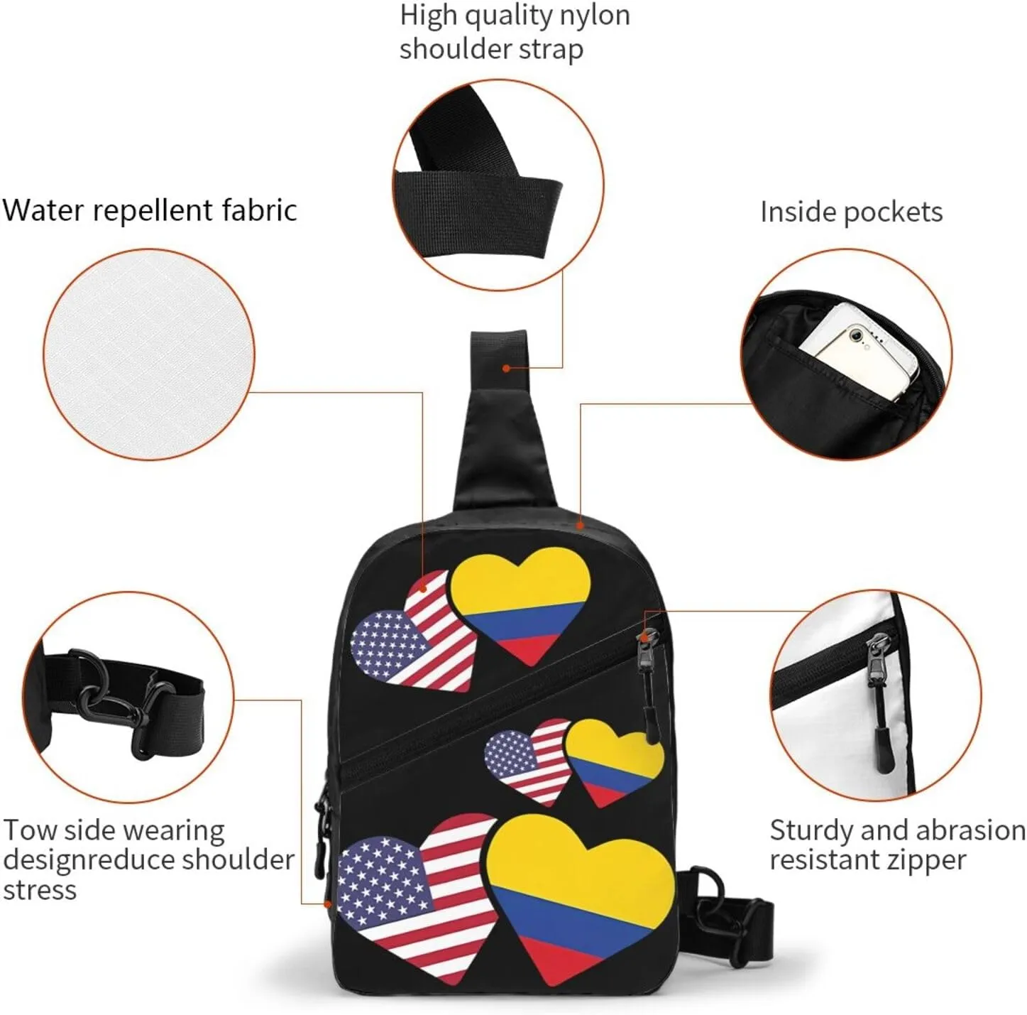 Colombia Flag Heart Colombian American Love Packable Crossbody Bag Portable Sling Bags Foldable Travel Daypack Reusable Sports Shoulder Backpack Diagonally Chest Bag for Workout