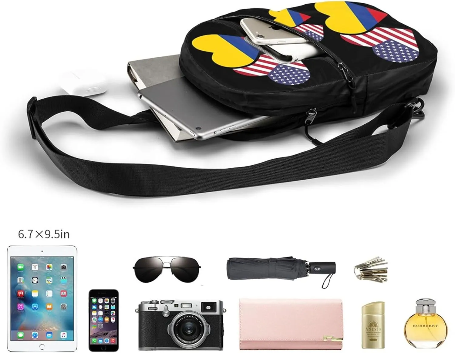 Colombia Flag Heart Colombian American Love Packable Crossbody Bag Portable Sling Bags Foldable Travel Daypack Reusable Sports Shoulder Backpack Diagonally Chest Bag for Workout