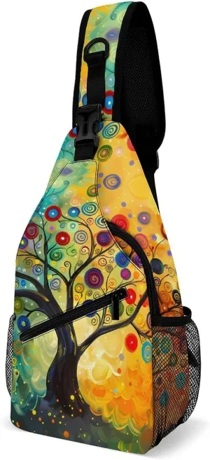 Colorful Tree Swirls Bubble Painting Funny Crossbody Sling Bag Novelty Chest Bags Shoulder Backpack For Travel Hiking 15×8×4 Inches