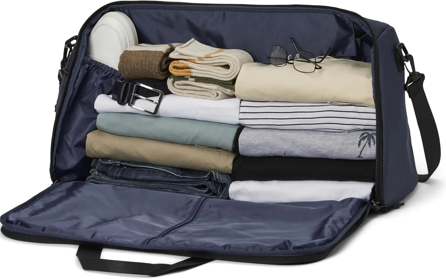 Convertible Garment Duffel Bag 45L – 2-in-1 Carry-On Suit Travel Bag with Wrinkle-Free Hanging Compartment, Shoe Pockets & Trolley Sleeve – Weekender for Business Trips, Weddings & Getaways – Marine