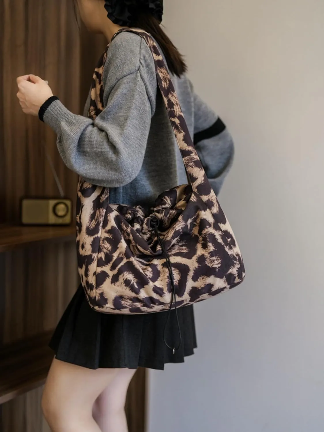 Corduroy Tote Bag Leopard Shoulder Bag Soft & Lightweight Large Tote Purse Handbag Travel Satchel Gift for Women