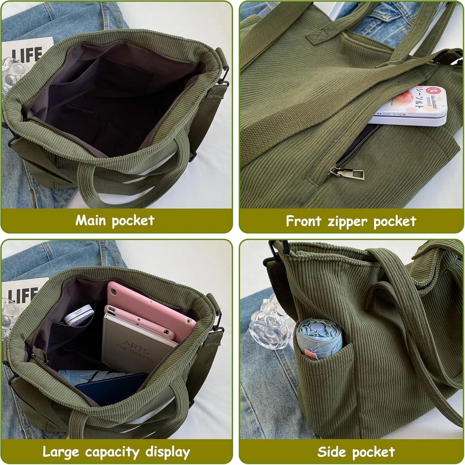 Corduroy Totes Bag Women Shoulder Hobo Handbags Crossbody Bags Big Capacity Shopping Purses