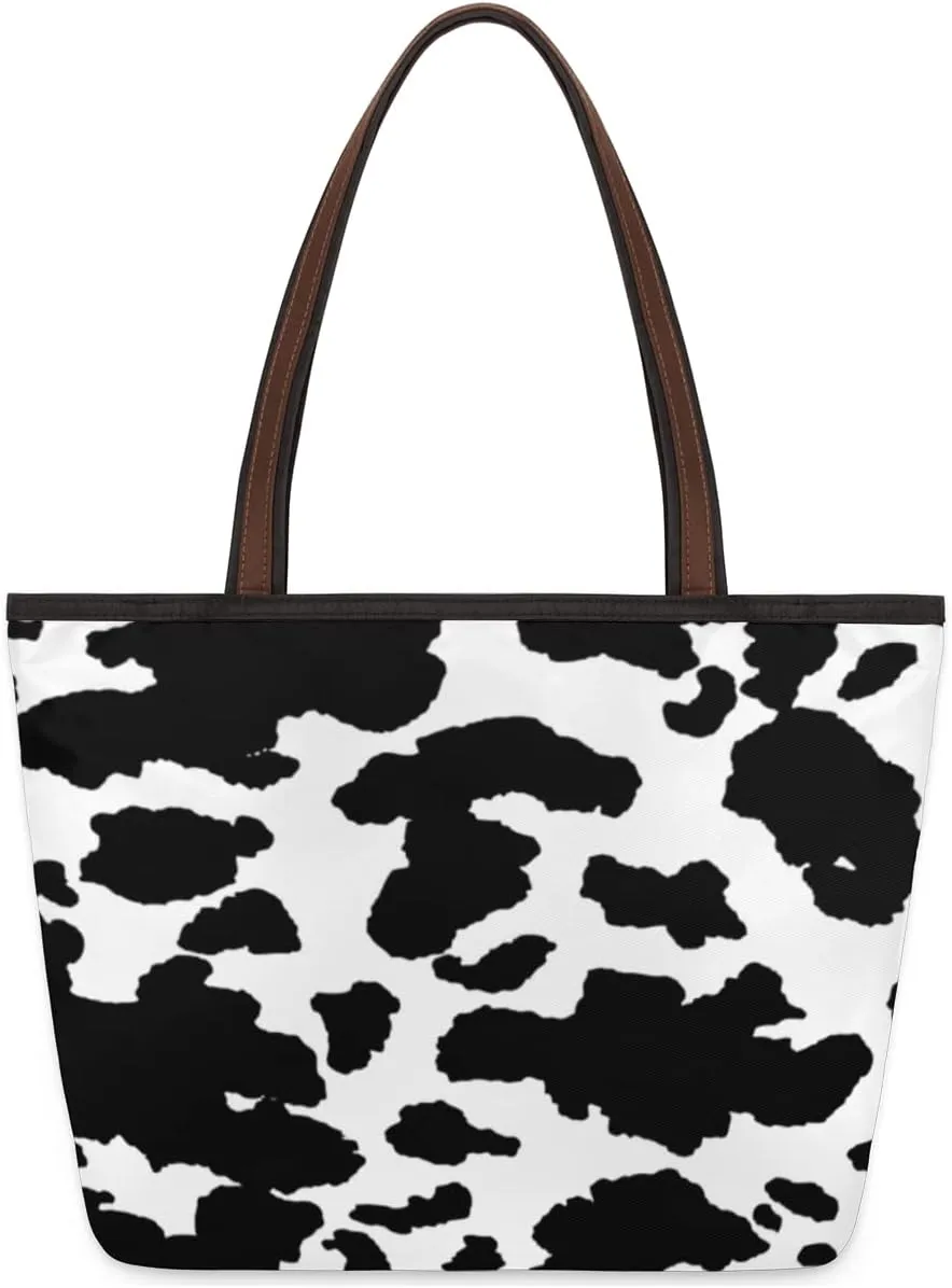 Cow Animal Print Large Totes Top Handle Purse Women Shoulder Bag, Black and White Camo Print Tote Bag with Zipper Handbag for Travel School Girls