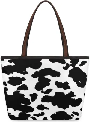 Cow Animal Print Large Totes Top Handle Purse Women Shoulder Bag, Black and White Camo Print Tote Bag with Zipper Handbag for Travel School Girls