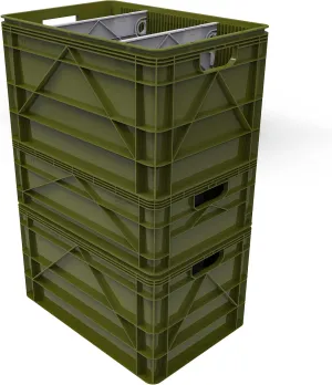 Crate Basic Pack - 2 Full-Size & 1 Half-Size Heavy Duty Stackable Storage Bins, Totes and Containers with Dividers - Durable Plastic Organizer for Home, Office, Garage, and Outdoor Use, Green