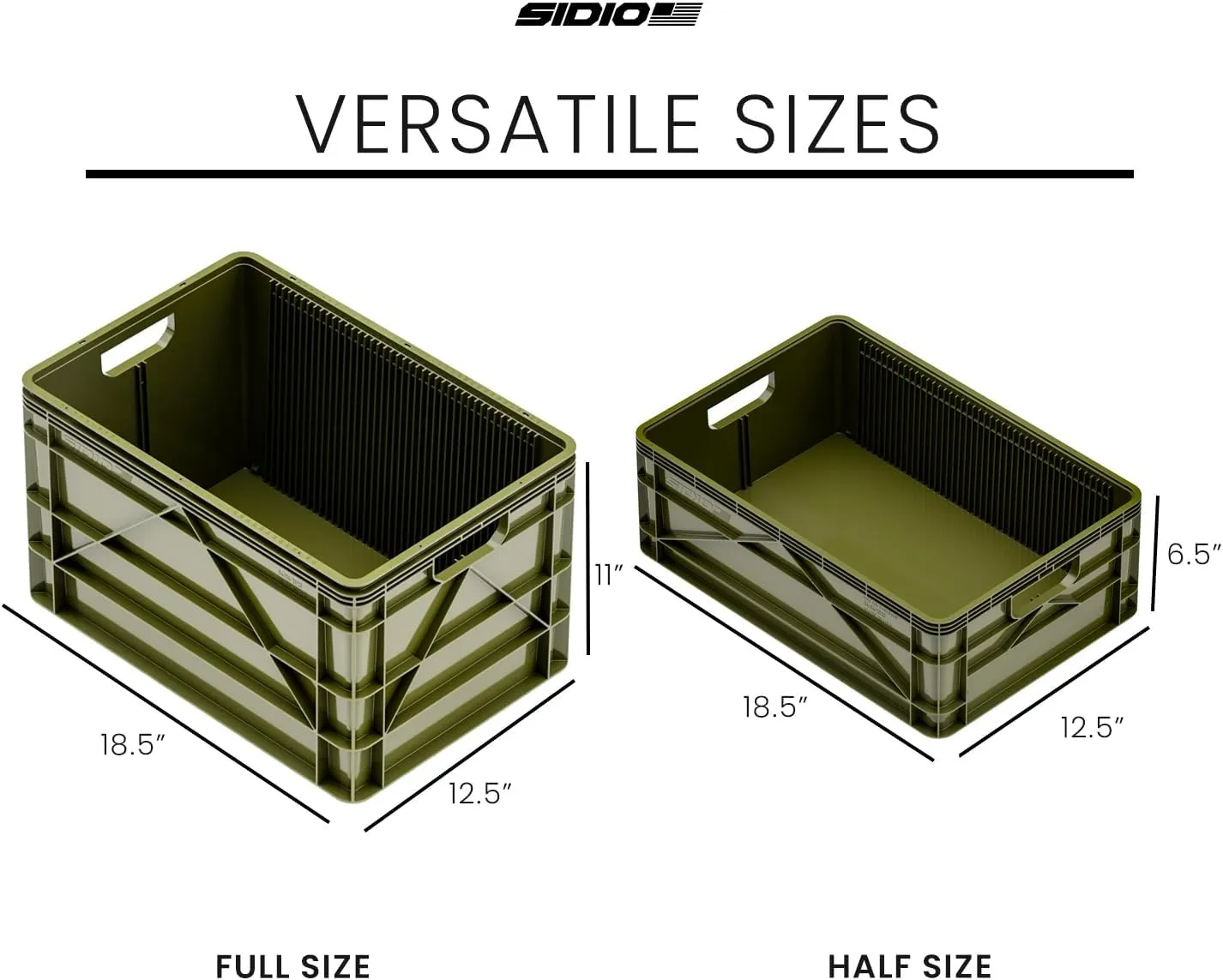 Crate Basic Pack - 2 Full-Size & 1 Half-Size Heavy Duty Stackable Storage Bins, Totes and Containers with Dividers - Durable Plastic Organizer for Home, Office, Garage, and Outdoor Use, Green