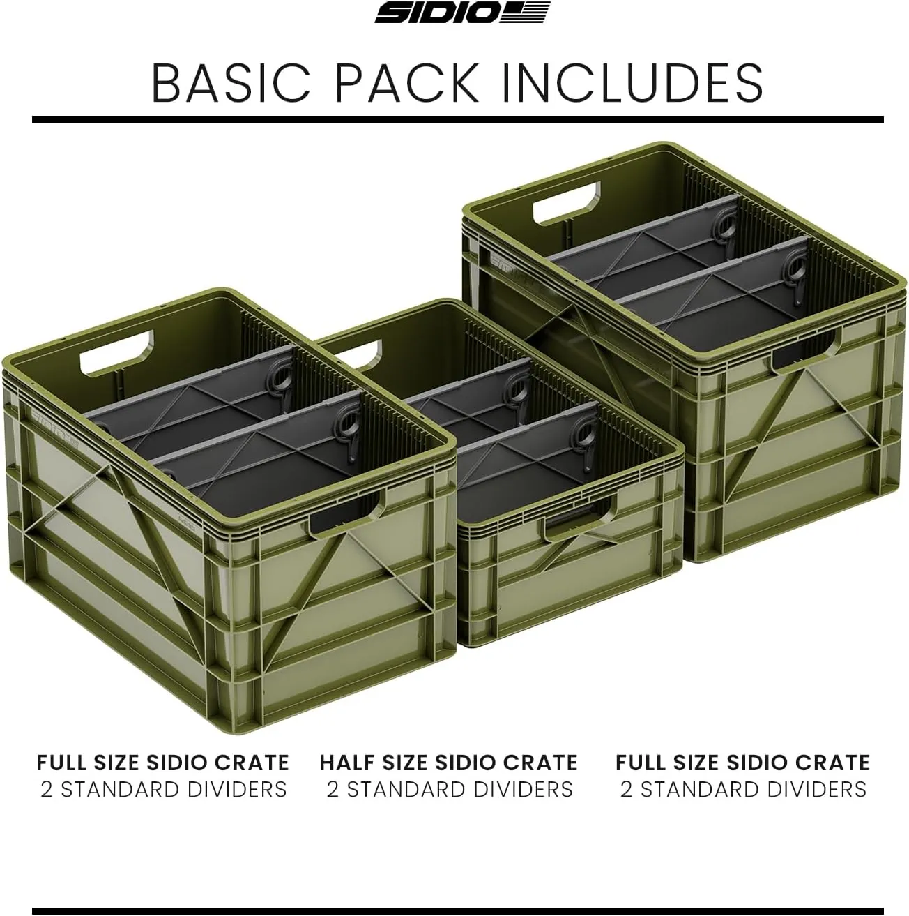 Crate Basic Pack - 2 Full-Size & 1 Half-Size Heavy Duty Stackable Storage Bins, Totes and Containers with Dividers - Durable Plastic Organizer for Home, Office, Garage, and Outdoor Use, Green
