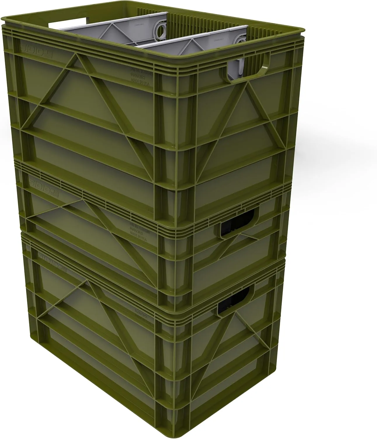 Crate Basic Pack - 2 Full-Size & 1 Half-Size Heavy Duty Stackable Storage Bins, Totes and Containers with Dividers - Durable Plastic Organizer for Home, Office, Garage, and Outdoor Use, Green