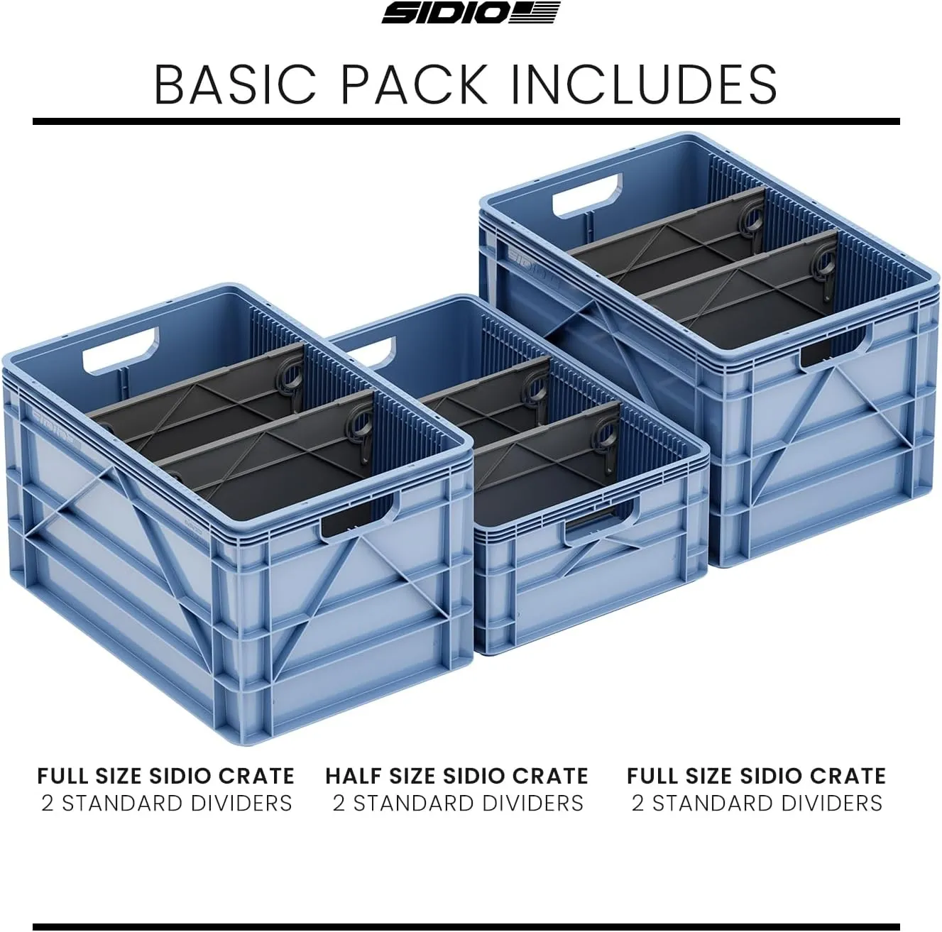 Crate Basic Pack - 2 Full-Size & 1 Half-Size Heavy Duty Stackable Storage Bins, Totes, Containers with Dividers - Durable Plastic Organizer for Home, Office, Garage, and Outdoor Use, Aircraft