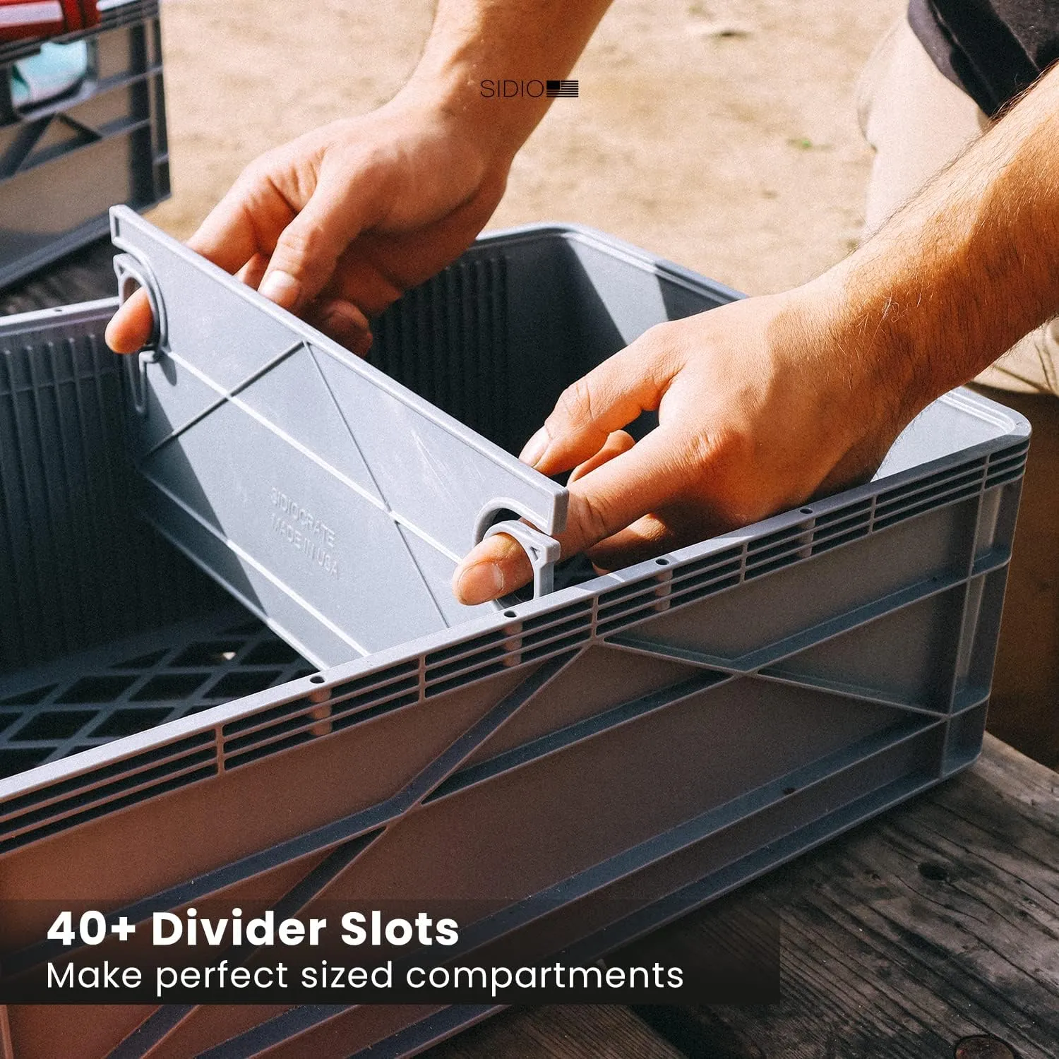 CRATE Pro Pack - Two Full Size and One Half Size Heavy Duty Stackable Storage Bins, Totes and Containers with Lids and Dividers - Durable Organizer for Home, Office, Garage, and Outdoor Use