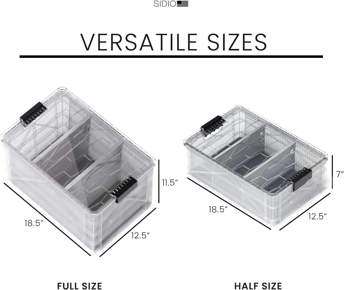CRATE Pro Pack - Two Full Size and One Half Size Heavy Duty Stackable Storage Bins, Totes and Containers with Lids and Dividers - Durable Organizer for Home, Office, Garage, and Outdoor Use
