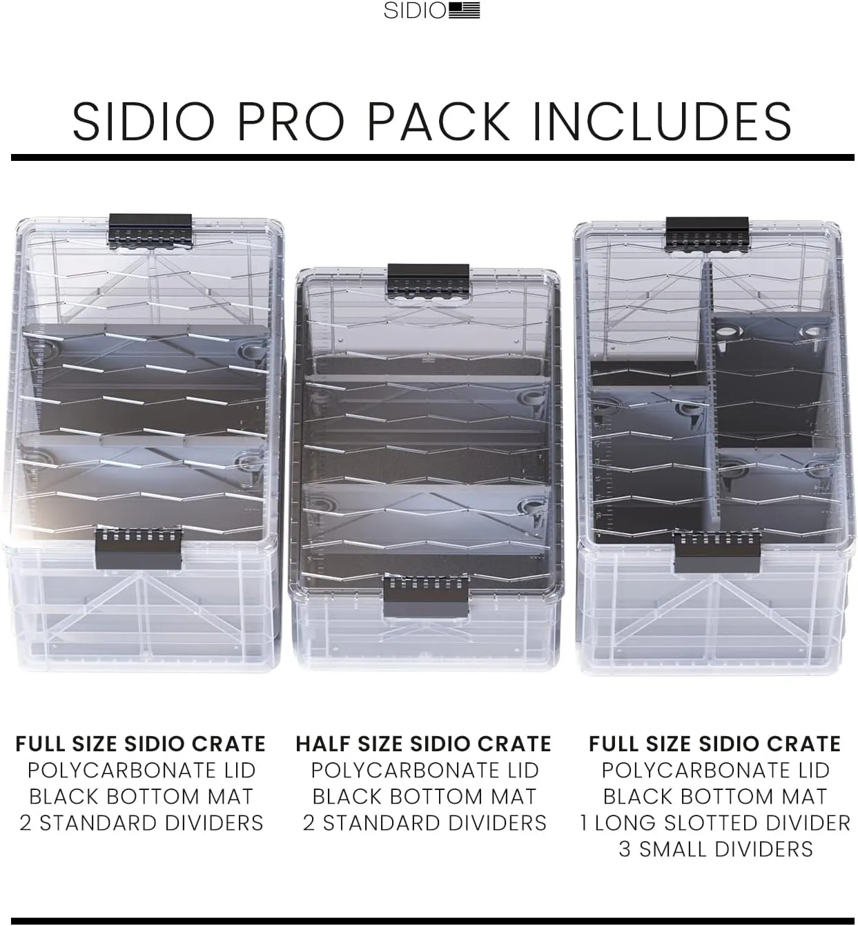 CRATE Pro Pack - Two Full Size and One Half Size Heavy Duty Stackable Storage Bins, Totes and Containers with Lids and Dividers - Durable Organizer for Home, Office, Garage, and Outdoor Use
