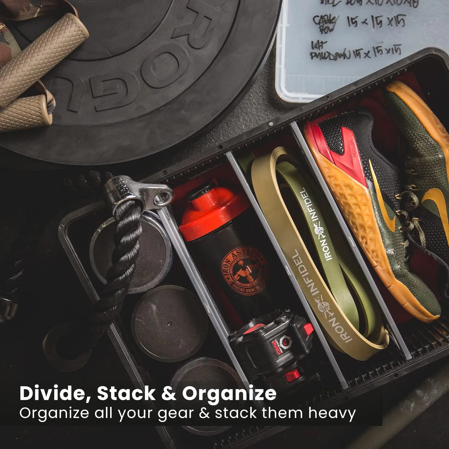 CRATE Pro Pack - Two Full Size and One Half Size Heavy Duty Stackable Storage Bins, Totes and Containers with Lids and Dividers - Durable Organizer for Home, Office, Garage, and Outdoor Use