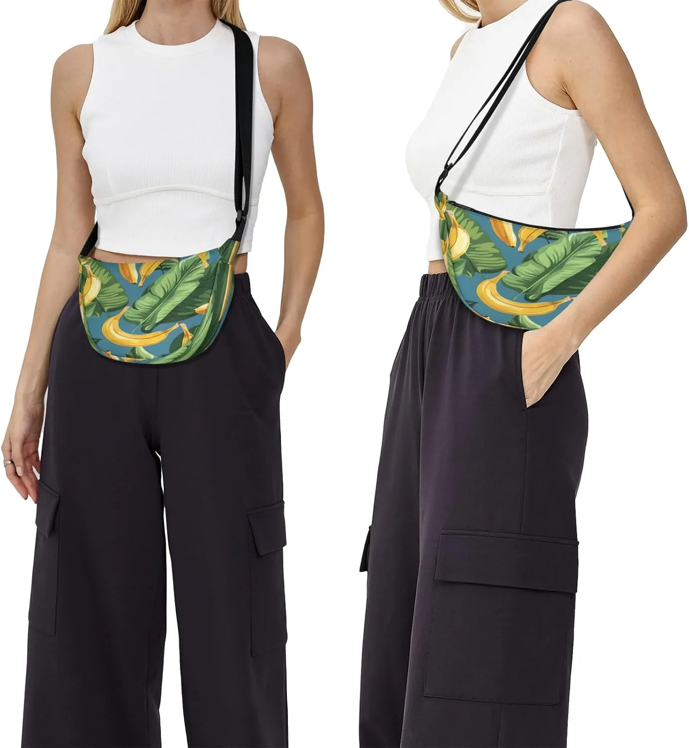 Crescent Bag for Women Men, Lightweight Medium Folding Crescent Moon Bag, Single Shoulder Bags with 2 Small Pockets