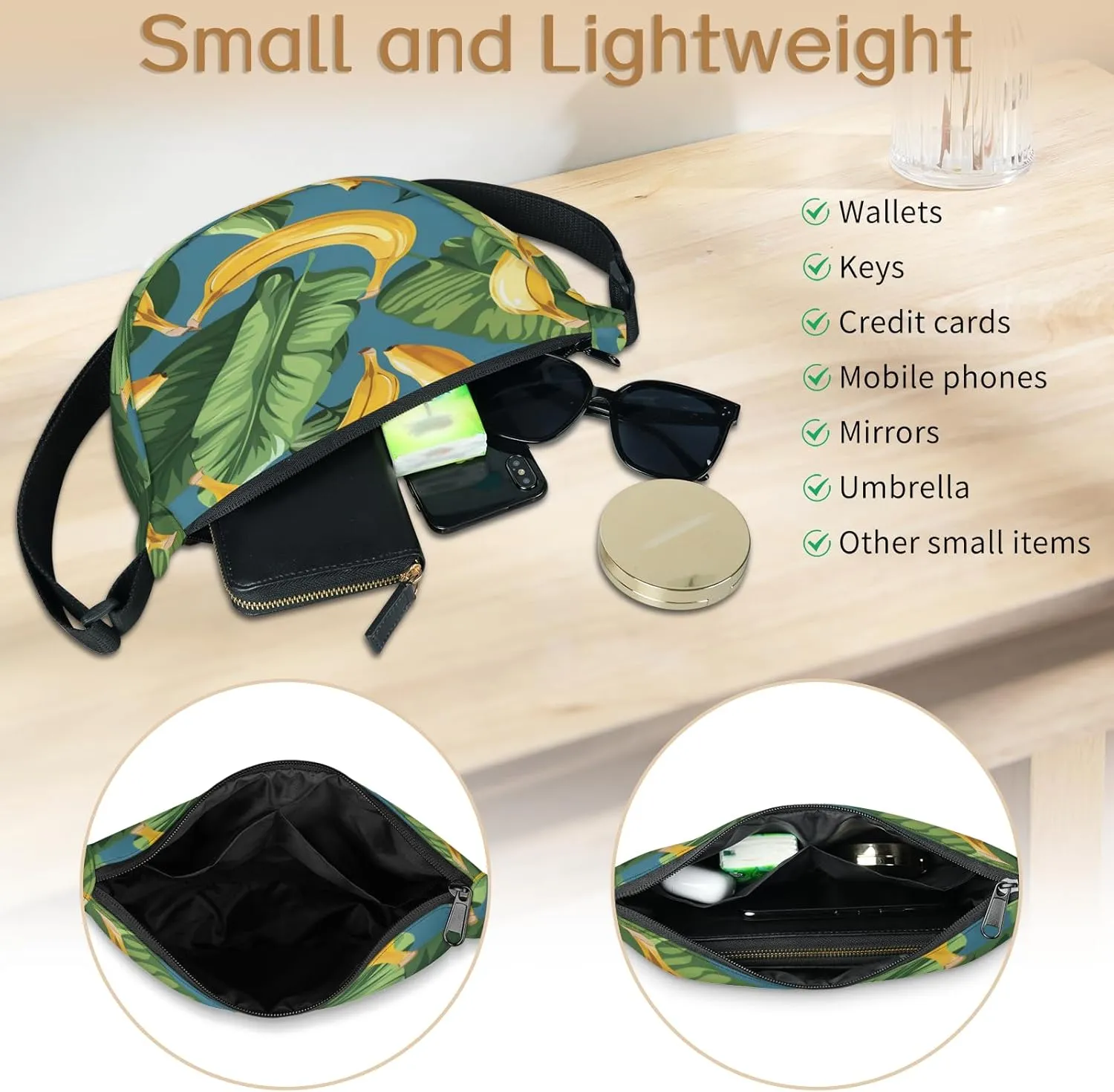 Crescent Bag for Women Men, Lightweight Medium Folding Crescent Moon Bag, Single Shoulder Bags with 2 Small Pockets