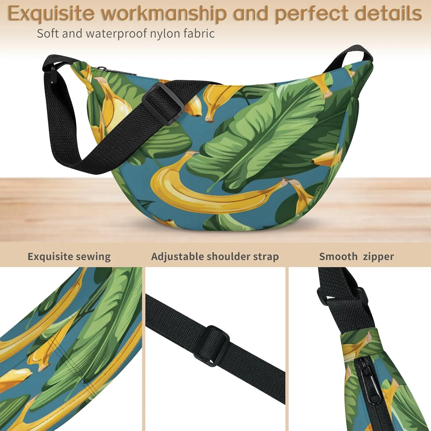 Crescent Bag for Women Men, Lightweight Medium Folding Crescent Moon Bag, Single Shoulder Bags with 2 Small Pockets