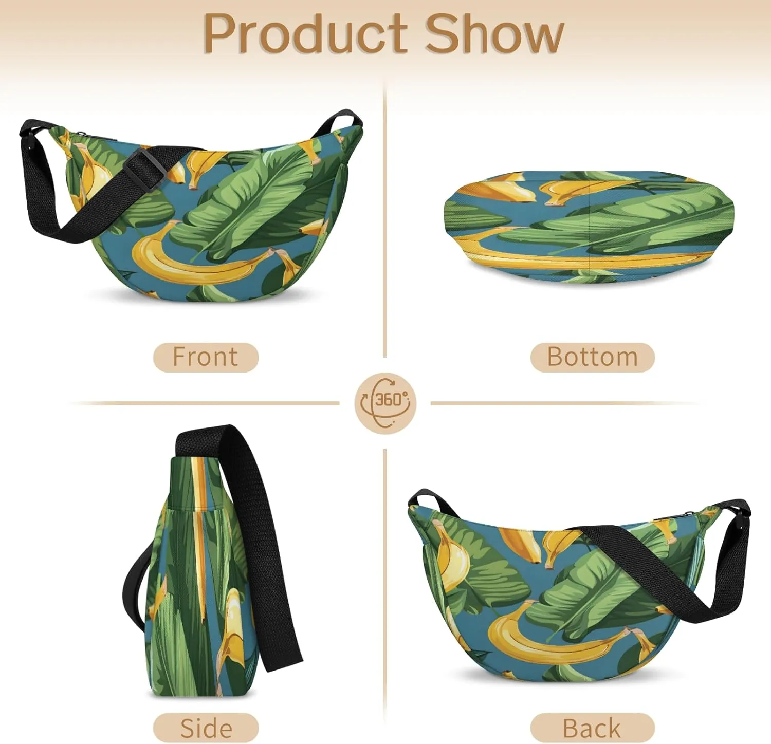 Crescent Bag for Women Men, Lightweight Medium Folding Crescent Moon Bag, Single Shoulder Bags with 2 Small Pockets