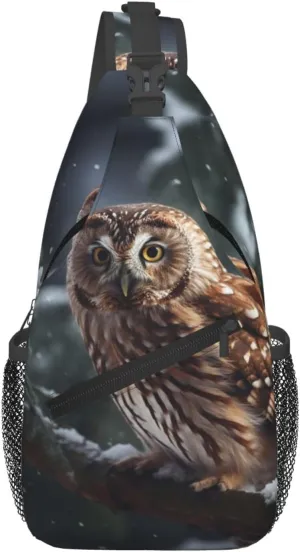 Cross Chest Bag Sling Backpack Owl on Winter Branch Sling Bag Crossbody Shoulder Bag Travel Hiking Daypack