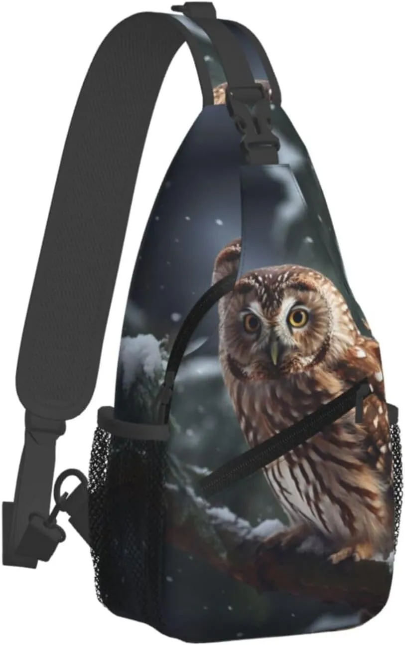 Cross Chest Bag Sling Backpack Owl on Winter Branch Sling Bag Crossbody Shoulder Bag Travel Hiking Daypack