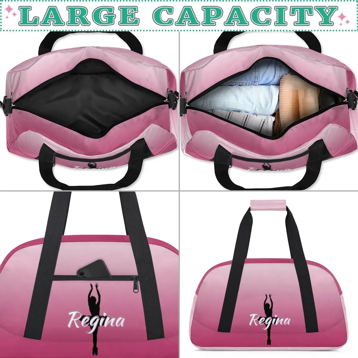 Custom Dance Bag Personalized Duffel Dance Bags Gymnastics Sport Bag Waterproof Carry on Travel Bag Overnight Weekender Bags, Dark Pink Gradient