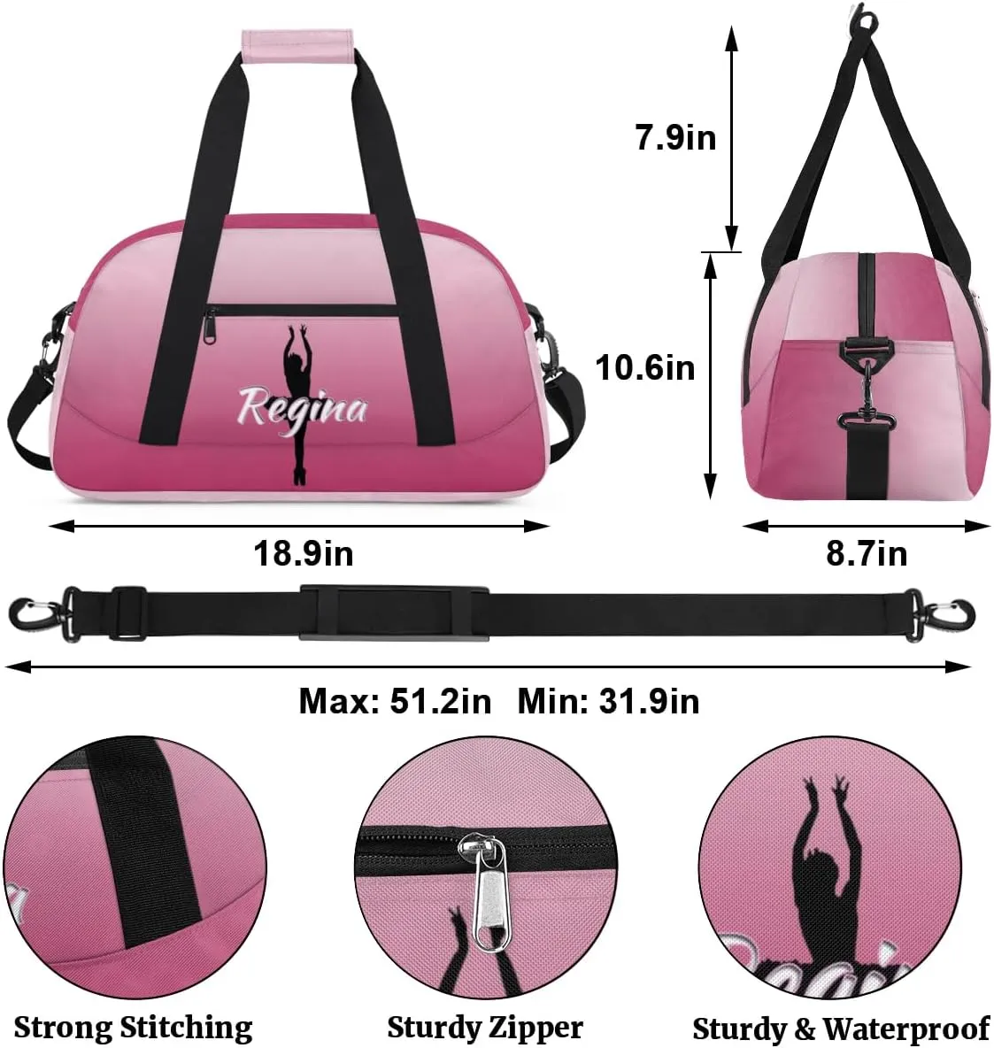 Custom Dance Bag Personalized Duffel Dance Bags Gymnastics Sport Bag Waterproof Carry on Travel Bag Overnight Weekender Bags, Dark Pink Gradient