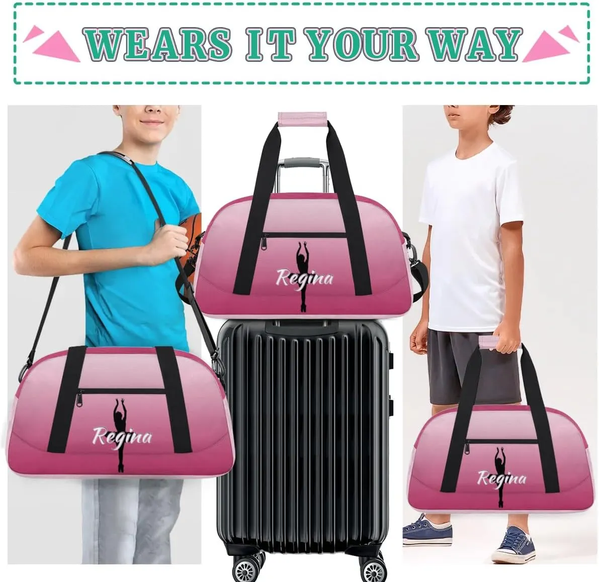 Custom Dance Bag Personalized Duffel Dance Bags Gymnastics Sport Bag Waterproof Carry on Travel Bag Overnight Weekender Bags, Dark Pink Gradient