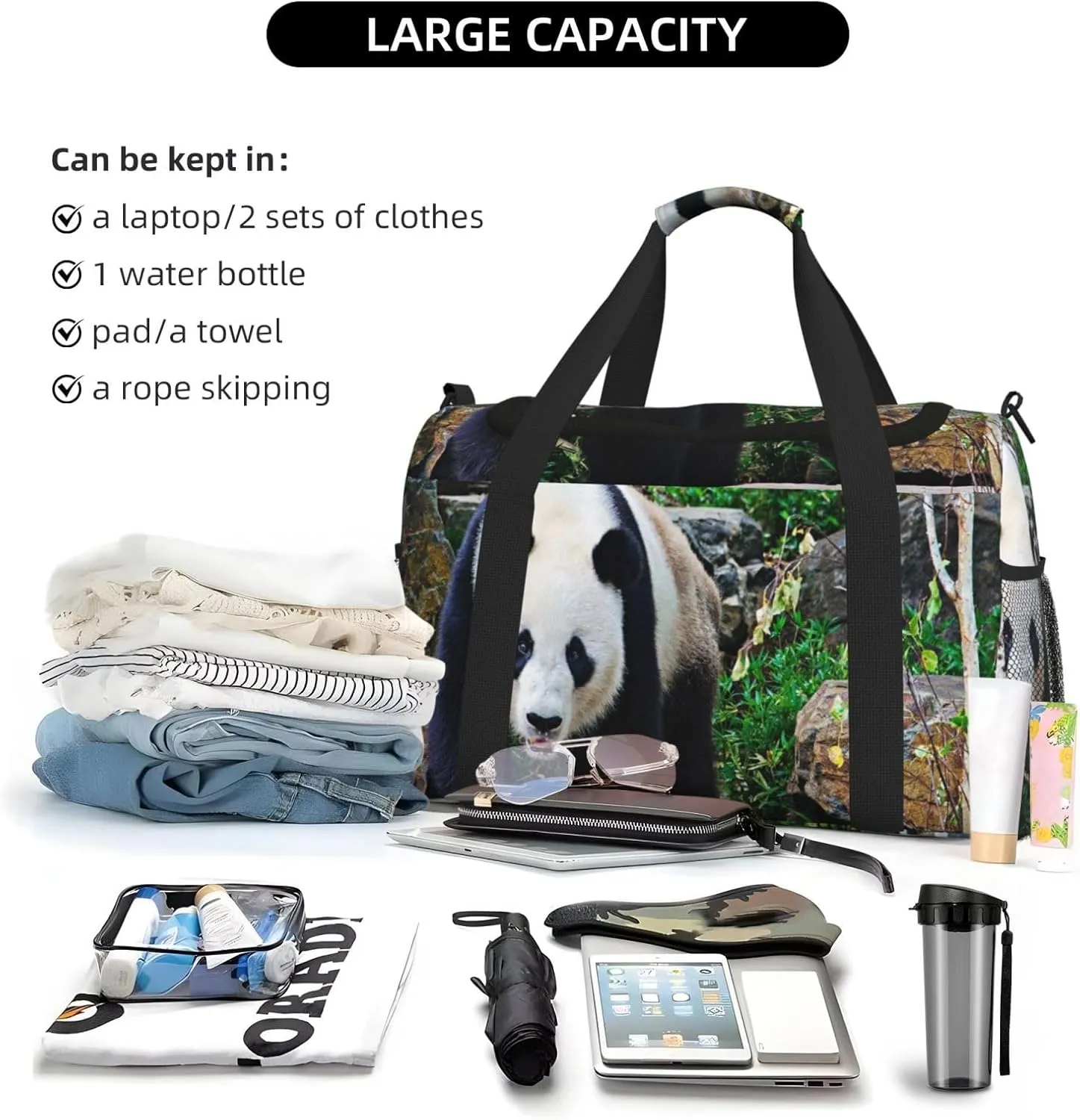Cute Panda Travel Duffel Bag Large Foldable Waterproof Overnight Bag For Beach Swim Bags Pool Sports Gym