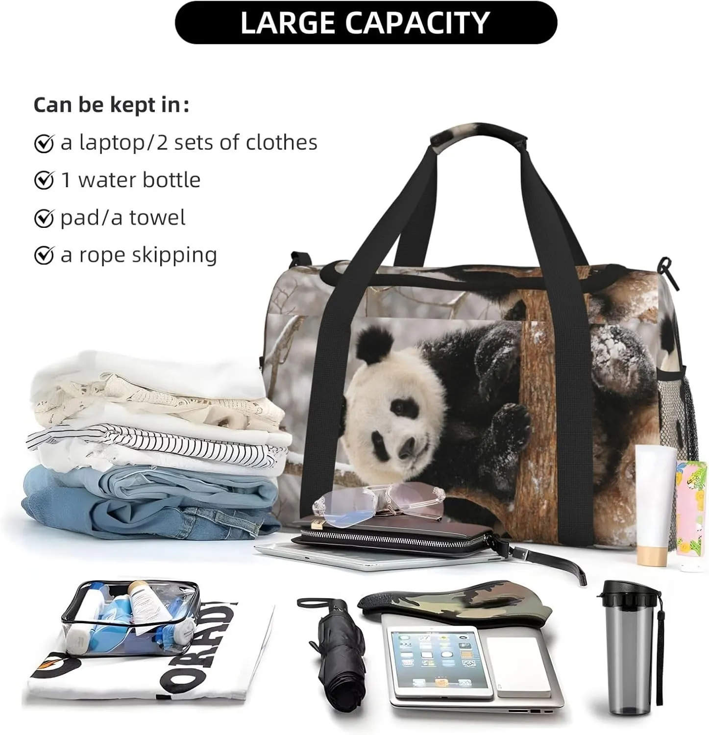Cute Panda Travel Duffel Bag Large Foldable Waterproof Overnight Bag For Beach Swim Bags Pool Sports Gym