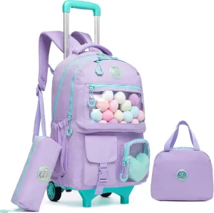 Cute Rolling Backpack for Girls Backpack with Wheels Backpacks for Girls with Lunch Box Set Kids Suitcase for Girls Back to School Supplies